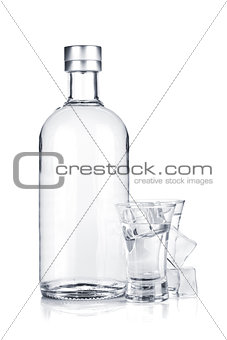 Bottle of vodka and shot glasses with ice