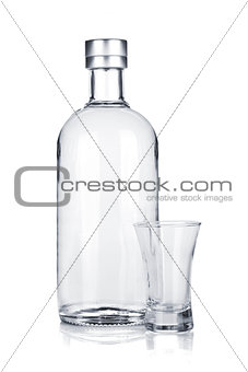 Bottle of vodka and empty shot glass