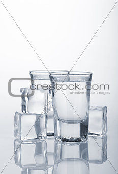 Vodka shots with ice cubes