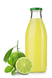 Lime juice bottle, ripe limes and mint