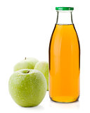 Apple juice in a glass bottle and three ripe apples