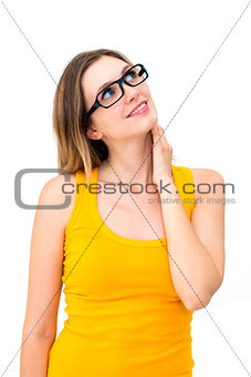 woman in glasses looking up 