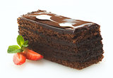 Chocolate cake with strawberries on a white background
