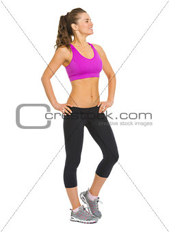 Full length portrait of healthy young woman looking on copy spac