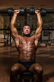 male bodybuilder doing shoulder press whit dumbbell
