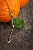 ripe round orange with stem and leaf on wooden table