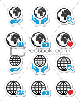Globe earth with hands vector icons set