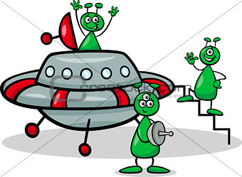 aliens with ufo cartoon illustration