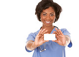 nurse holding business card