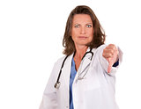 female doctor thumbs down