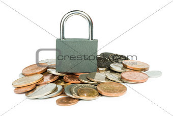 Grey locked padlock and coins