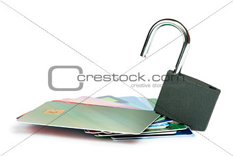 Grey locked padlock and credit cards.