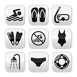 Swimming, scuba diving, sport vector buttons set