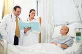 Pregnant woman in her bed talking with doctors