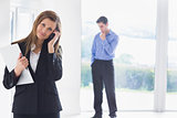 Woman calling on phone while man deciding
