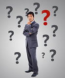 Businessman thinking surrounded by question marks