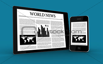 Digital tablet and smartphone showing news