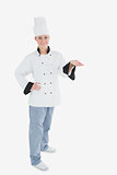 Portrait of female chef holding invisible product
