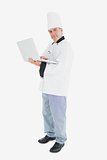 Male chef using laptop
