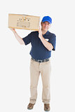 Mature courier man carrying cardboard box