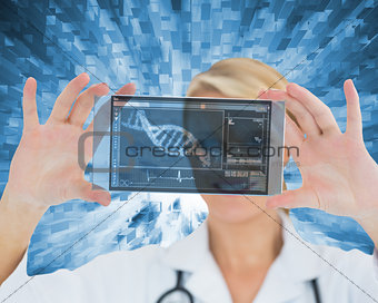 Woman holding a virtual screen