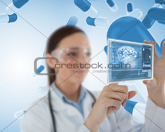 Smiling laboratory worker using virtual screen