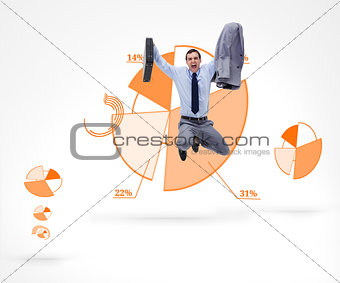 Man jumping against a graphical pie in background