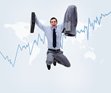 Businessman jumping against a curve in background