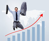 Businessman jumping above graphical presentation