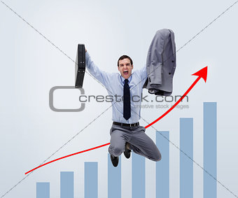 Screaming man in suit jumping