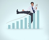 Smiling businessman jumping over the graphical presentation