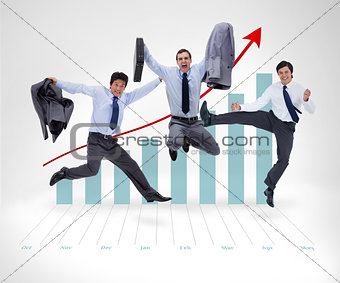 Businessmen jumping before graphical presentation