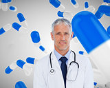 Doctor standing against a digitally generated background