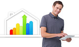 Man using tablet against energy efficient house graphic