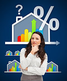Thinking businesswoman standing against a energy efficient house graphic