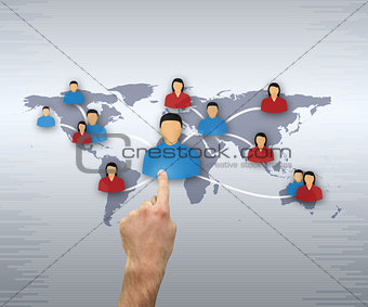 People from various continents choosing by mans hand