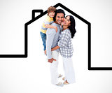 Happy family standing with a house illustration