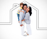 Happy family standing with a white house illustration on a white background