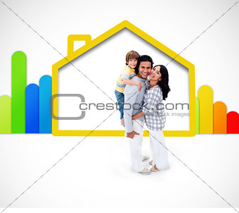 Lovely family standing with a yellow house illustration with energy rating symbol