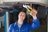 Mechanic repairing car with adjustable pliers