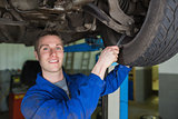 Mechanic repairing car with spanner