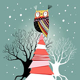 Christmas card with an owl on the tree