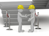 Two 3d man in yellow construction helmets shaking hands 
