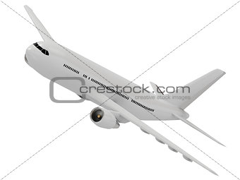 White passenger airliner flies in the sky