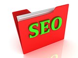 SEO bright green letters on a red folder