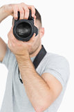 Closeup of photographer with photographic camera