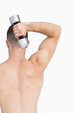 Rear view of man exercising with dumbbell