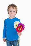 Portrait of cute young boy holding out flowers