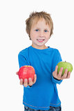 Portrait of boy holding out green and red apples