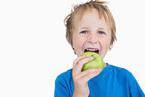 Portrait of young boy eating green apple